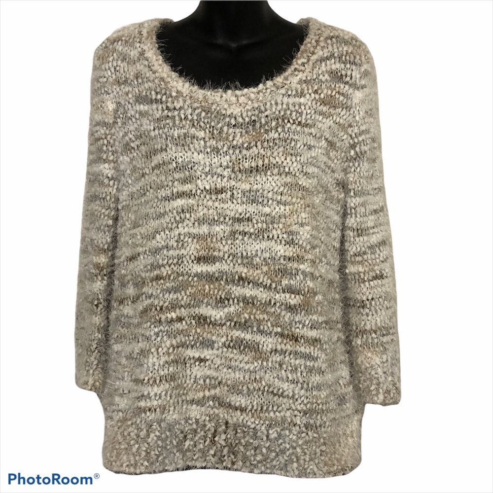 Dress Barn Neutral color tone round neck fuzzy eyelash cozy sweater size Large